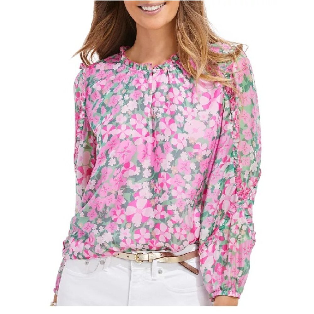 Like New Vineyard Vines Silk Blend Montauk Daisy Print Ruffle Trim Top Size L‎